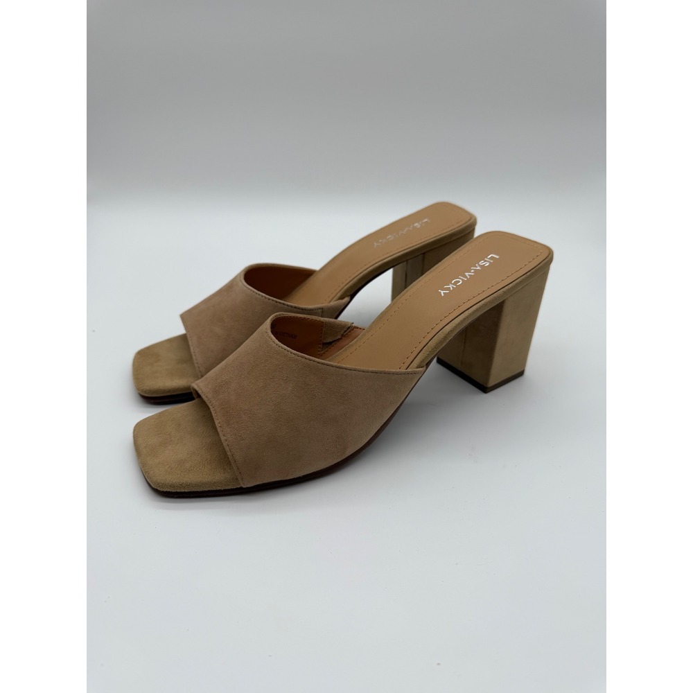 Lisa Vicky Vital-V Tan Kid Suede Block Heel Slide Mules Square Toe Sandals 9M